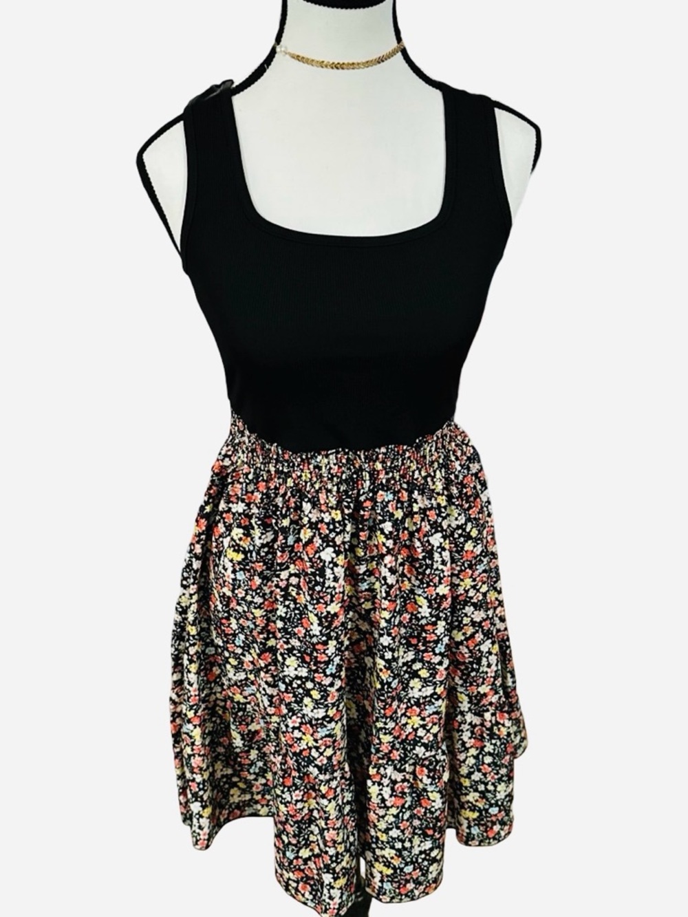 Women’s Black Floral Dress with Flared Skirt - Small, New - Picture 4 of 5